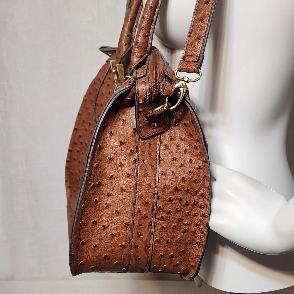 London Fog Brown Faux Leather Ostrich Satchel Bag w/ Detachable Strap